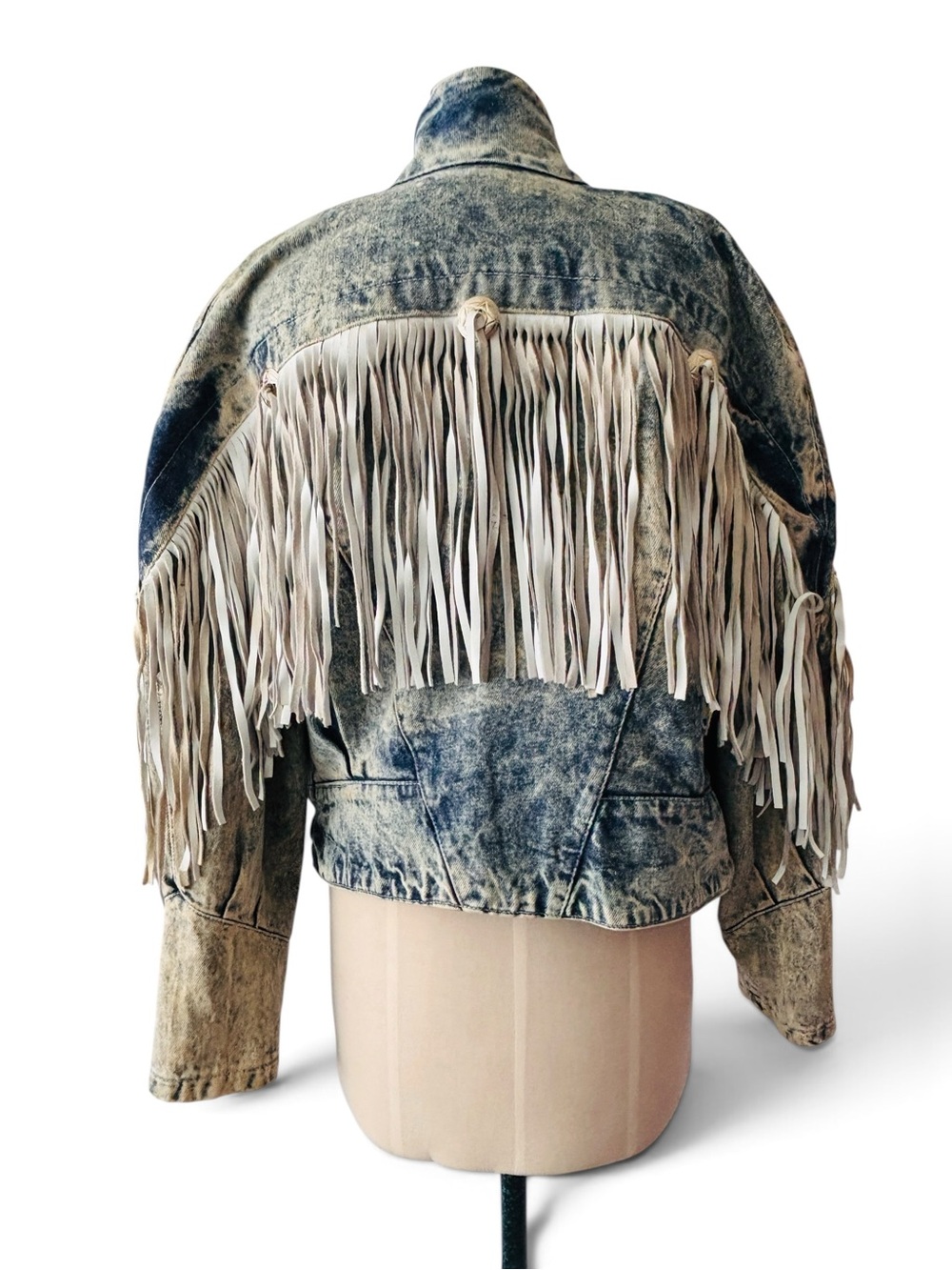 Vintage 80s Distressed Acid-Wash Fringe Denim Jacket - White Fringe - Picture 3 of 3
